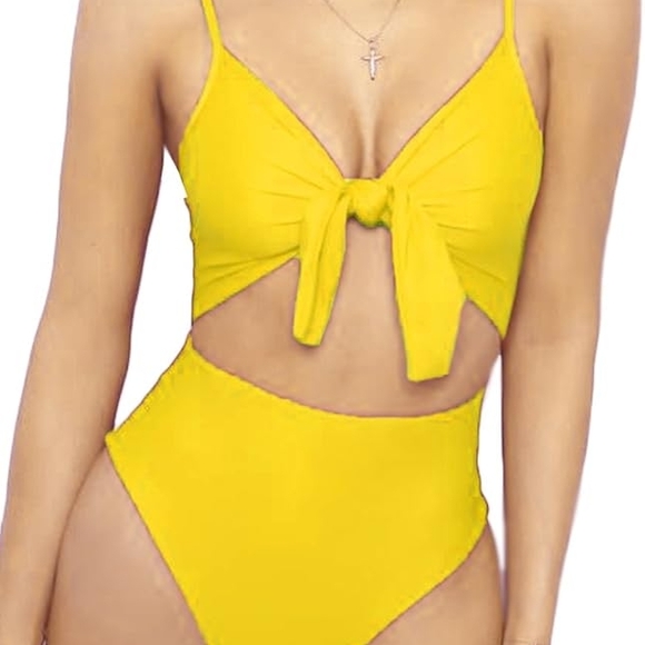 LEMON YELLOW CUTOUT TWIST BOW MONOKINI HIGH-CUT ONE PIECE SWIMSUIT SIZE XL NWOT - Picture 1 of 5